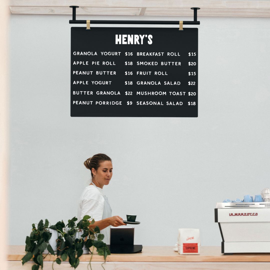 breakfast menu display in minimalist cafe interior